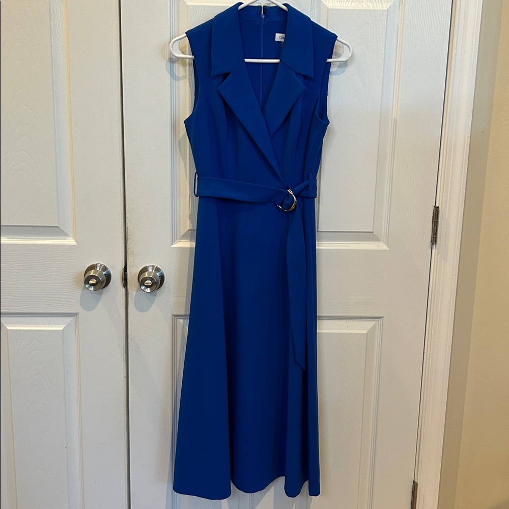 Calvin Klein Sleeveless Blue Belted Dress